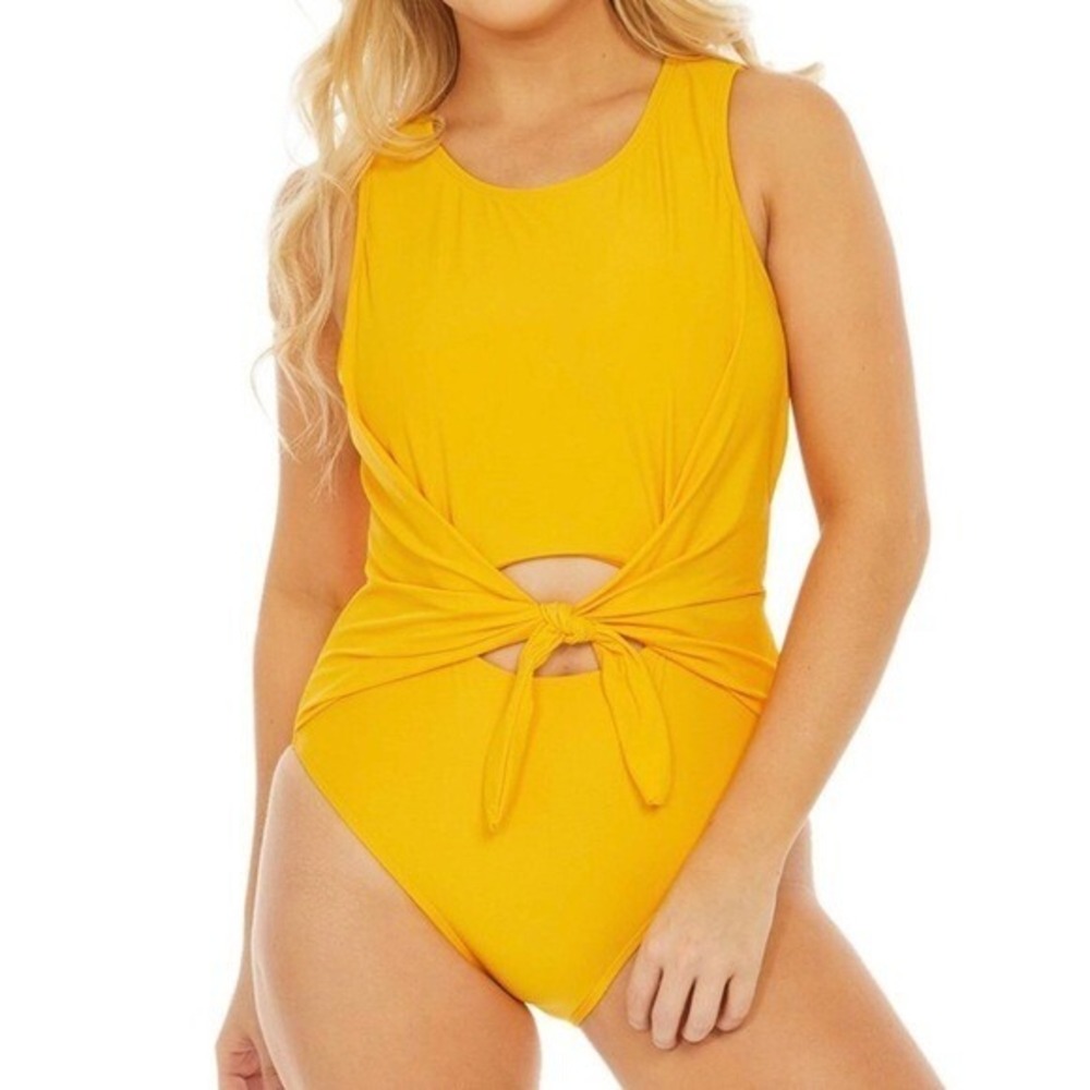 Nicole Miller Yellow Tie Front Sash Cutout One Piece Swimsuit Open Back Marigold